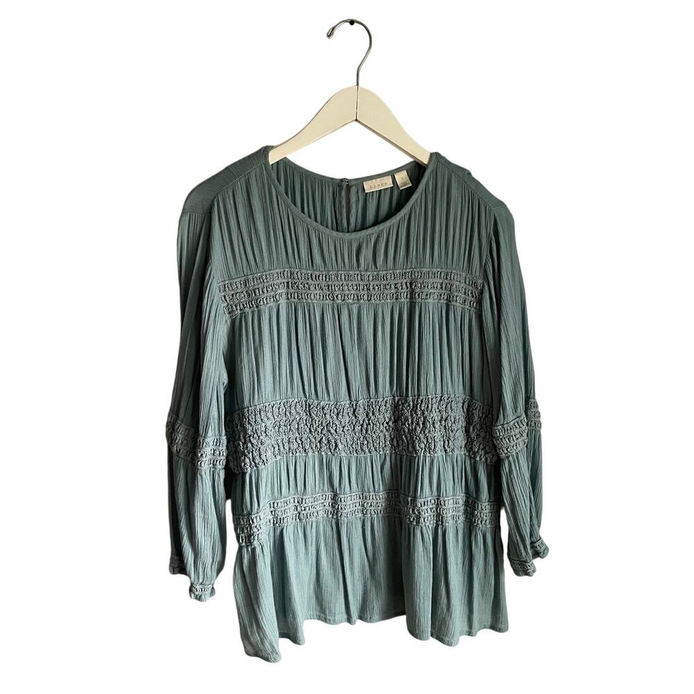 Hinge Teal Cotton Tiered Boho Blouse size Large Cottage Romantic Feminine